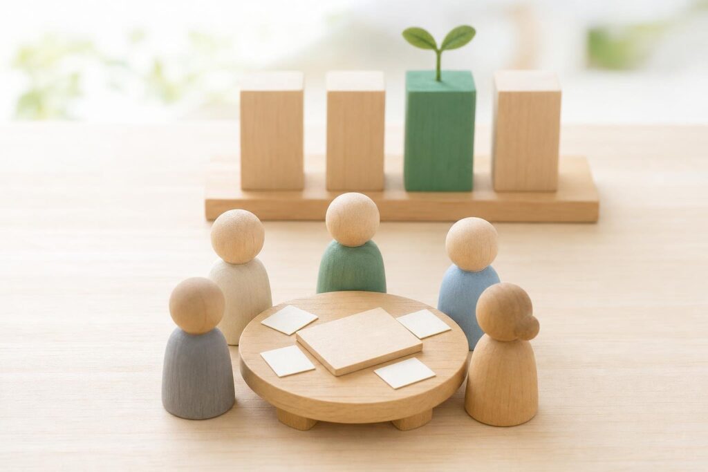 木の人形たちが丸いテーブルを囲んで話し合い、うしろに4本の木の柱が立っている様子のイメージ