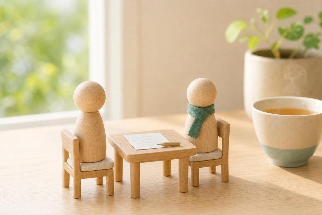 小さな机をはさんで、医師と社員が1対1で落ち着いて話している様子を、木の人形で表したイメージ