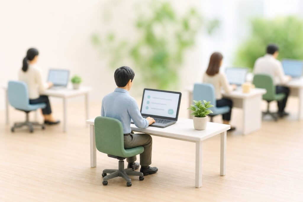 社員が自分の机で、パソコンを使ってストレスチェックの質問に答えている様子のイメージ