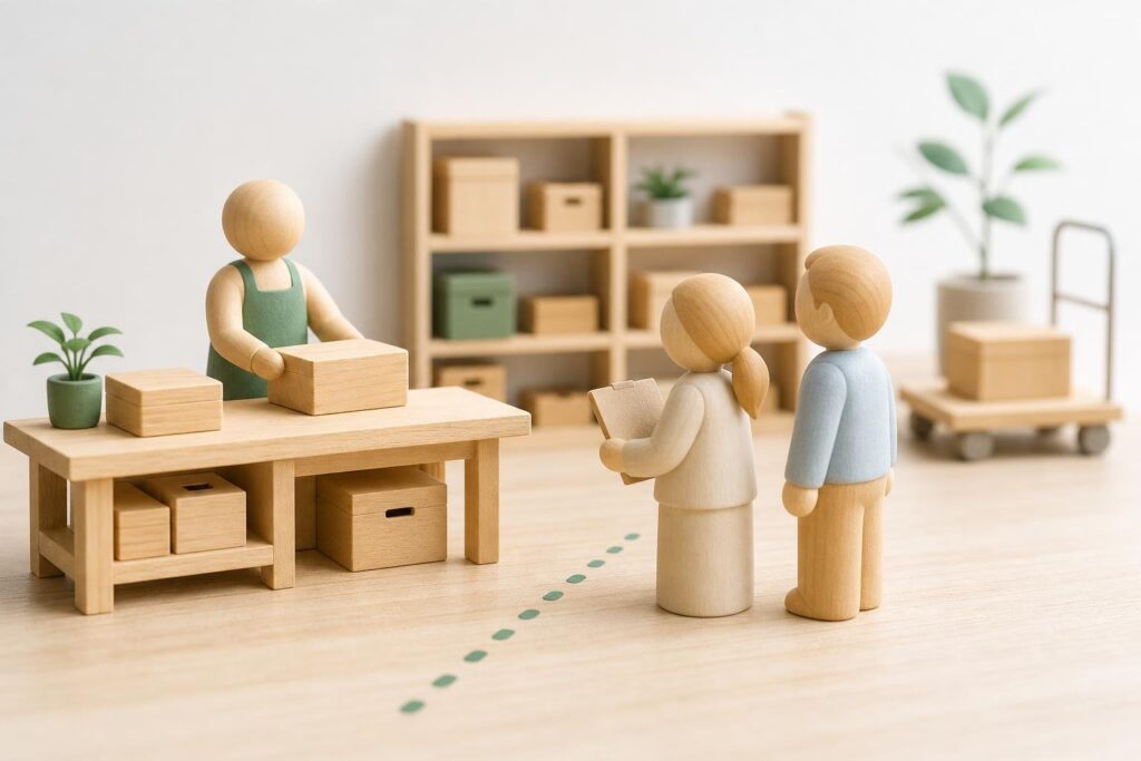 産業医と会社の担当者が、作業中の社員の話を聞いている様子のイメージ